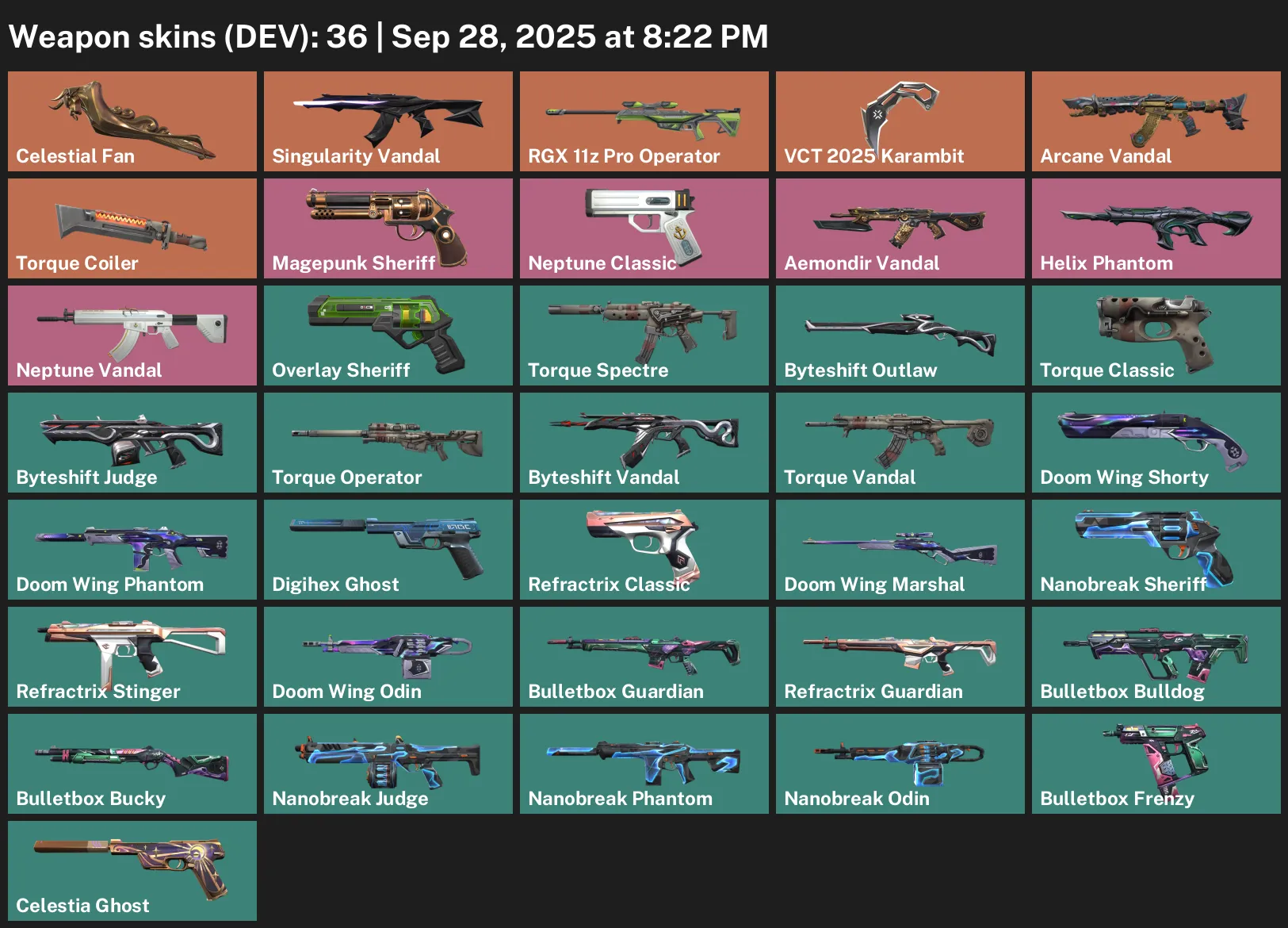 ASIA/SEA/OCE | 36 Skins + 3 Knives | VCT 2025 Karambit | Arcane Vandal | Singularity Vandal | Neptune Vandal | Helix Phantom | Celestial Fan